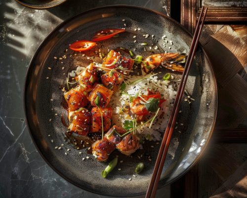 A tempting dish of Asian-inspired rice and glazed meat, artfully presented with chopsticks and garnished with fresh herbs. Perfect for food lovers and culinary photography. AI